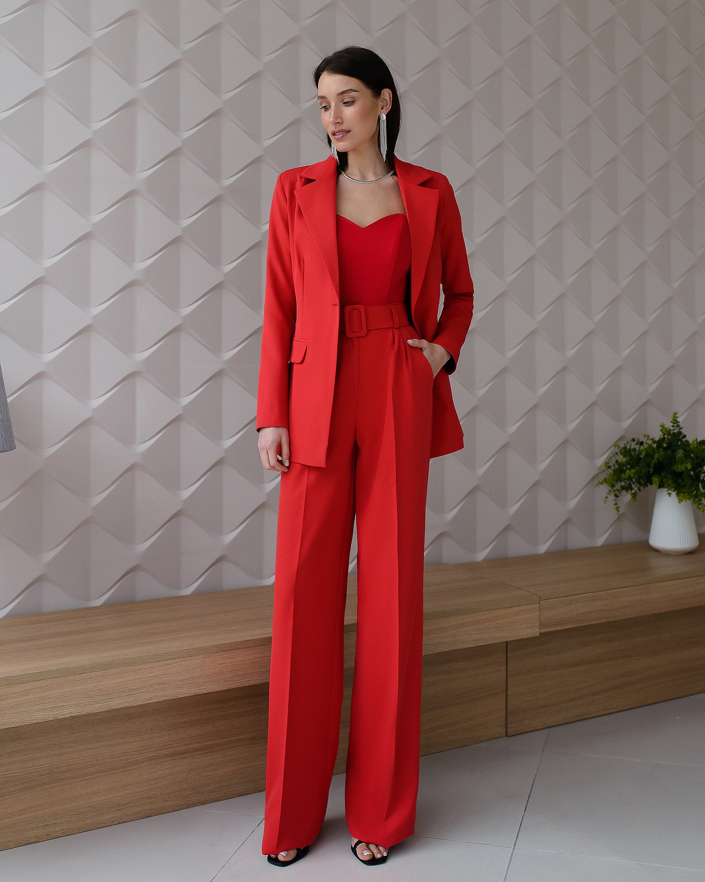 Red Belted Wide-Leg Suit 2-Piece (article 030)