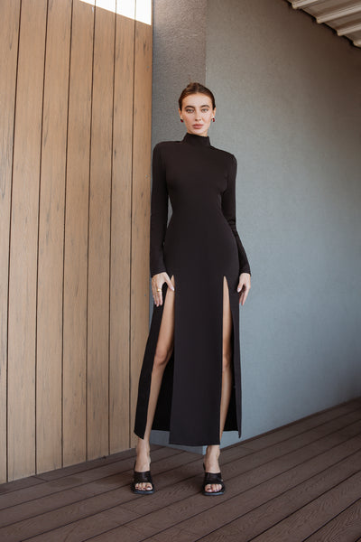 Black High Neck Side-Slit Midi Dress (article C359)