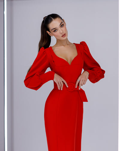 Red PUFF-SLEEVE BELTED MIDI DRESS (ARTICLE 392)