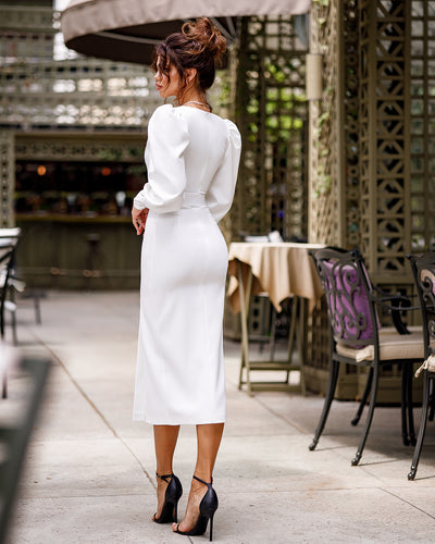 White Puff-Sleeve Belted Midi Dress (article 392)