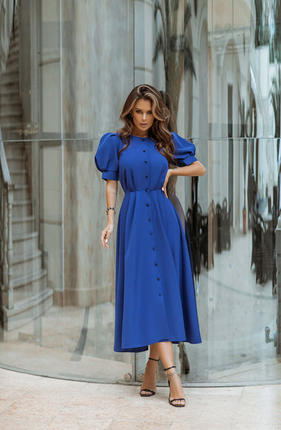 Blue FITTED PUFF-SLEEVE MIDI DRESS (ARTICLE C390)