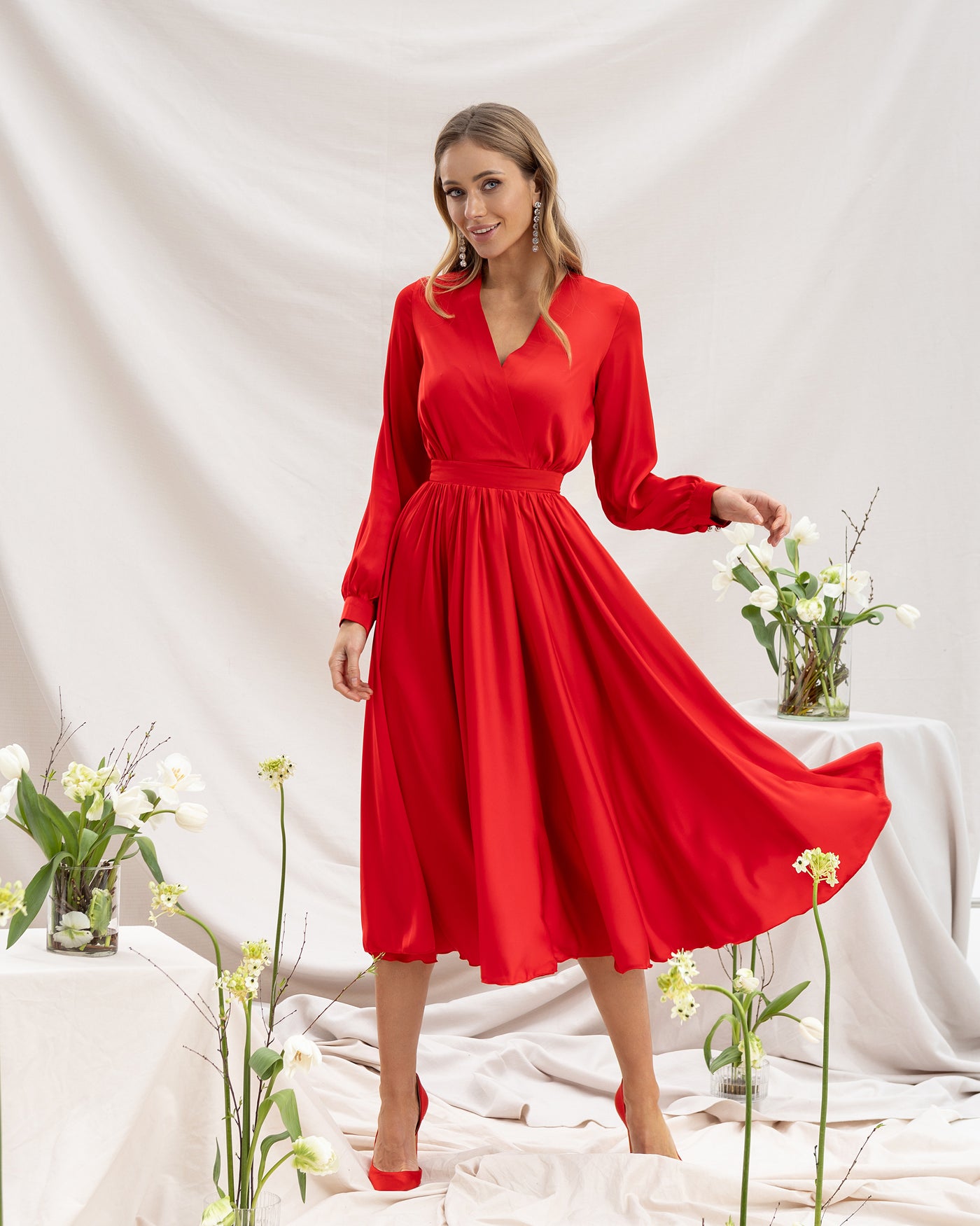 Red MIDI LONG SLEEVE DRESS (ARTICLE C393)