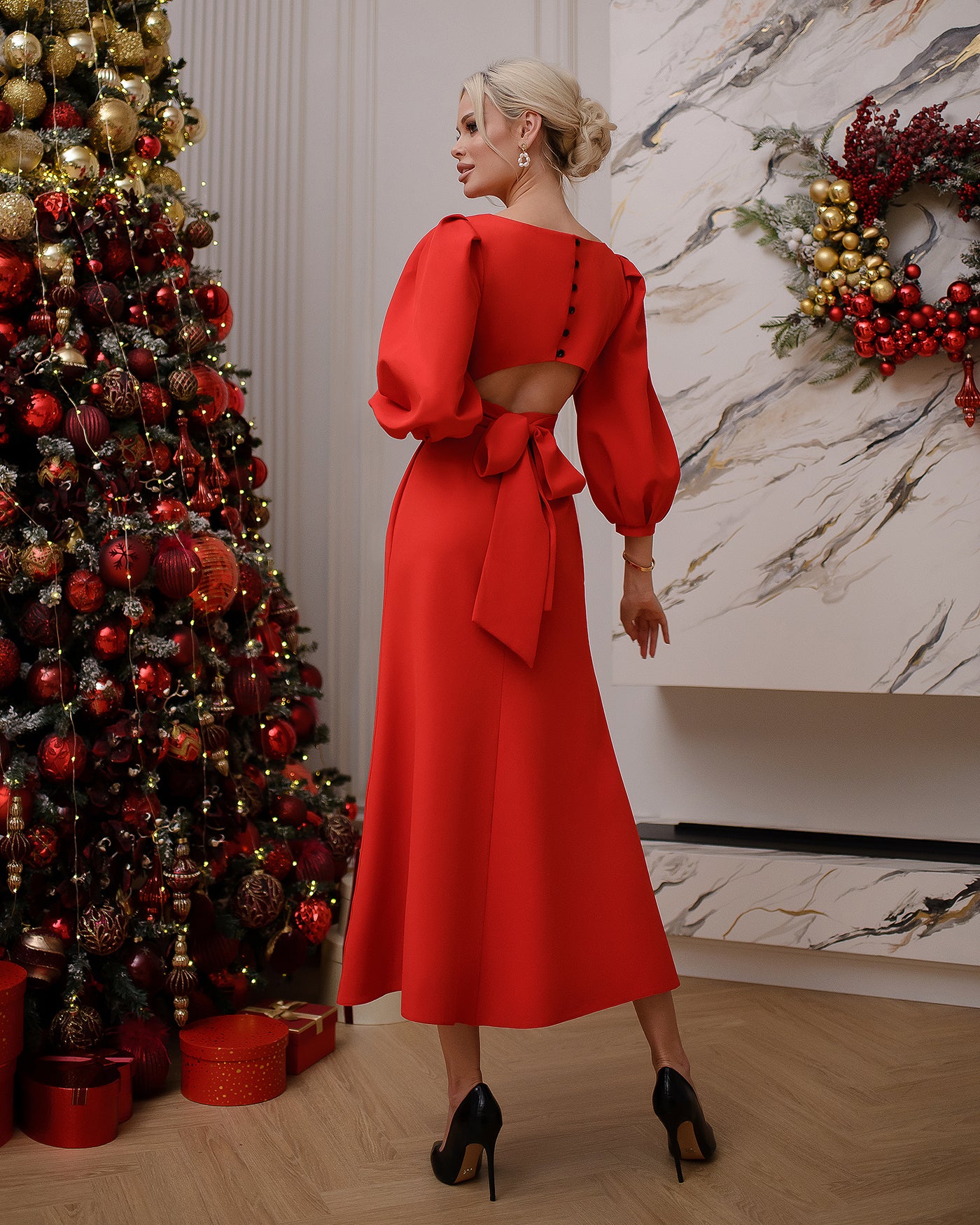 Red BACKLESS PUFF-SLEEVE MIDI DRESS (ARTICLE 395)