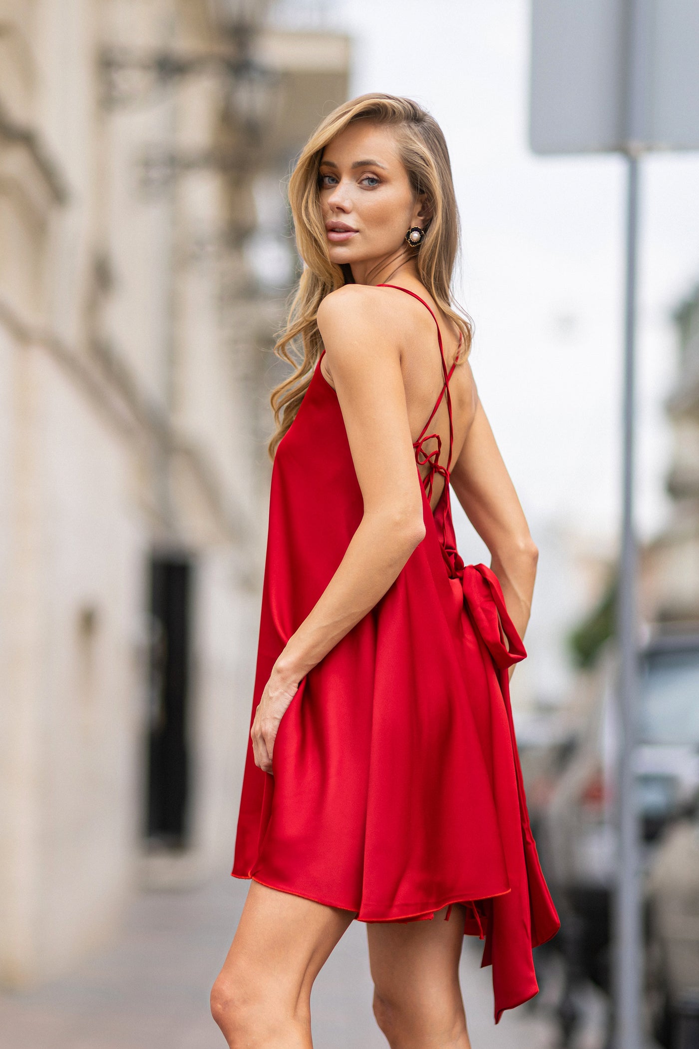 Red Satin Strap Bow Back Mini Dress (article C471)