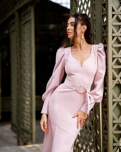 Dusty Pink PUFF-SLEEVE BELTED MIDI DRESS (ARTICLE 392)