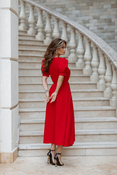 Red FITTED PUFF-SLEEVE MIDI DRESS (ARTICLE C390)