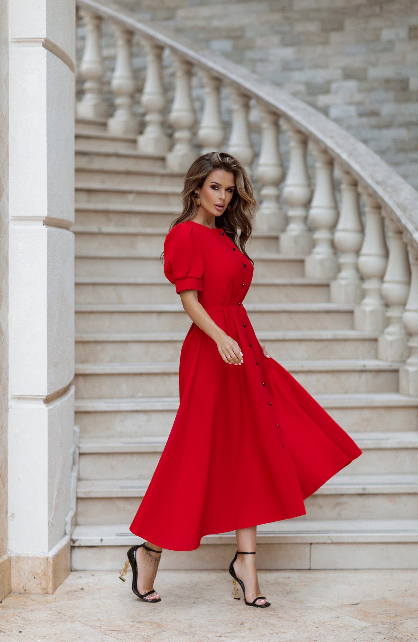 Red FITTED PUFF-SLEEVE MIDI DRESS (ARTICLE C390)