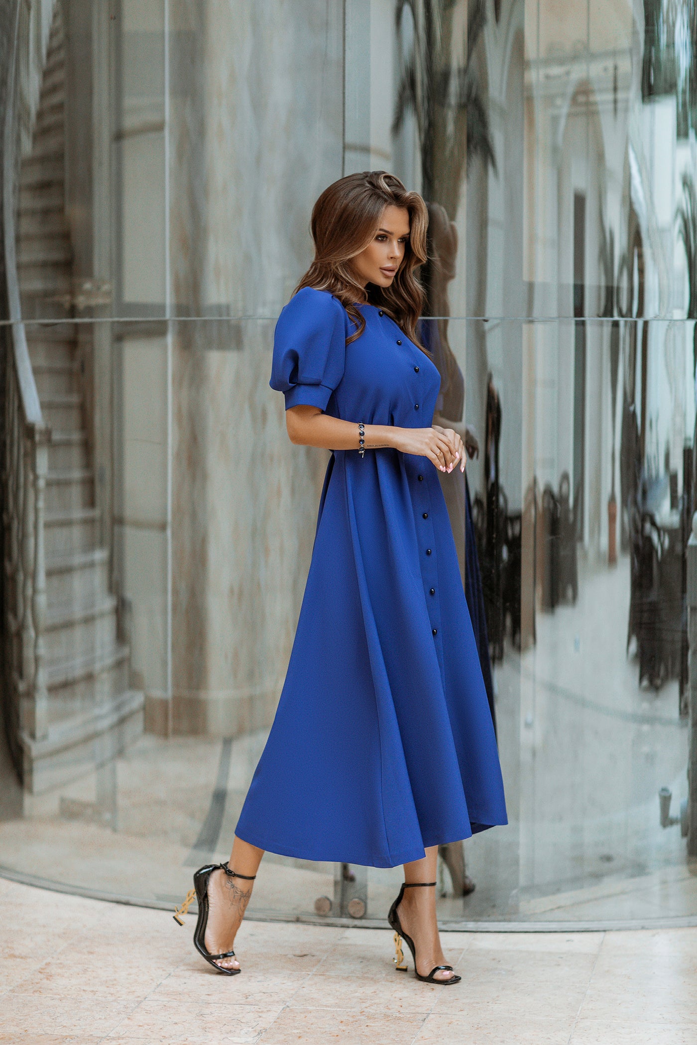 Blue FITTED PUFF-SLEEVE MIDI DRESS (ARTICLE C390)