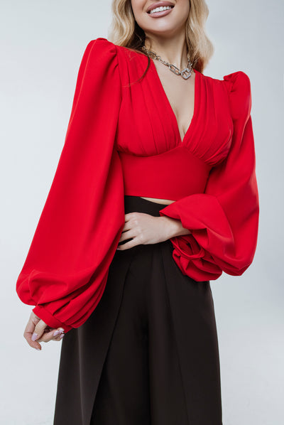 Red PUFF SLEEVE V-NECK BLOUSE (ARTICLE C342)