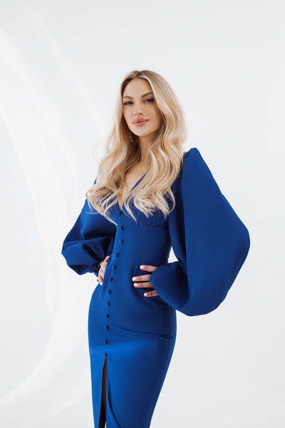 Blue Backless Puff Sleeve Midi Dress (article C353)