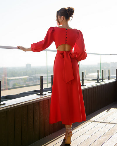 Red BACKLESS PUFF-SLEEVE MIDI DRESS (ARTICLE 395)