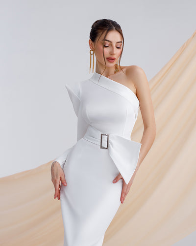 White ONE-SHOULDER BELTED MIDI DRESS (ARTICLE 343)
