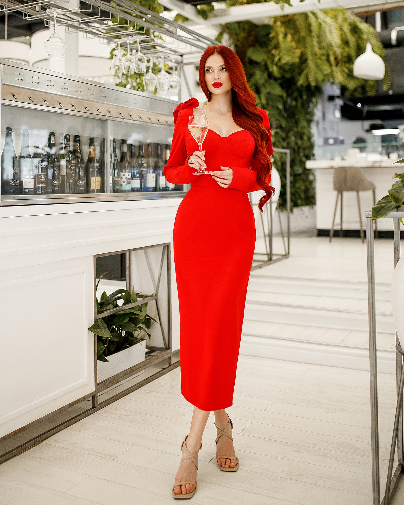 Red Sweetheart Bow Shoulder Midi Dress (article 368)