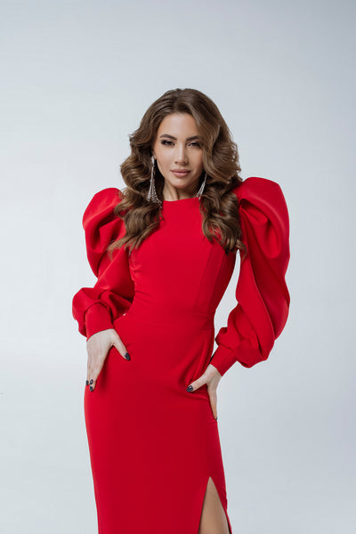 Red Backless Puff Sleeve Midi Dress (article C398)