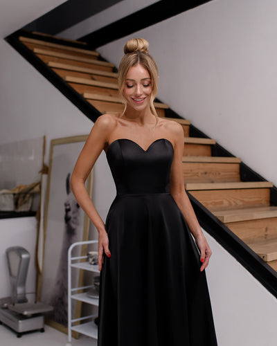Black Satin Corseted Strapless Dress (article 047)
