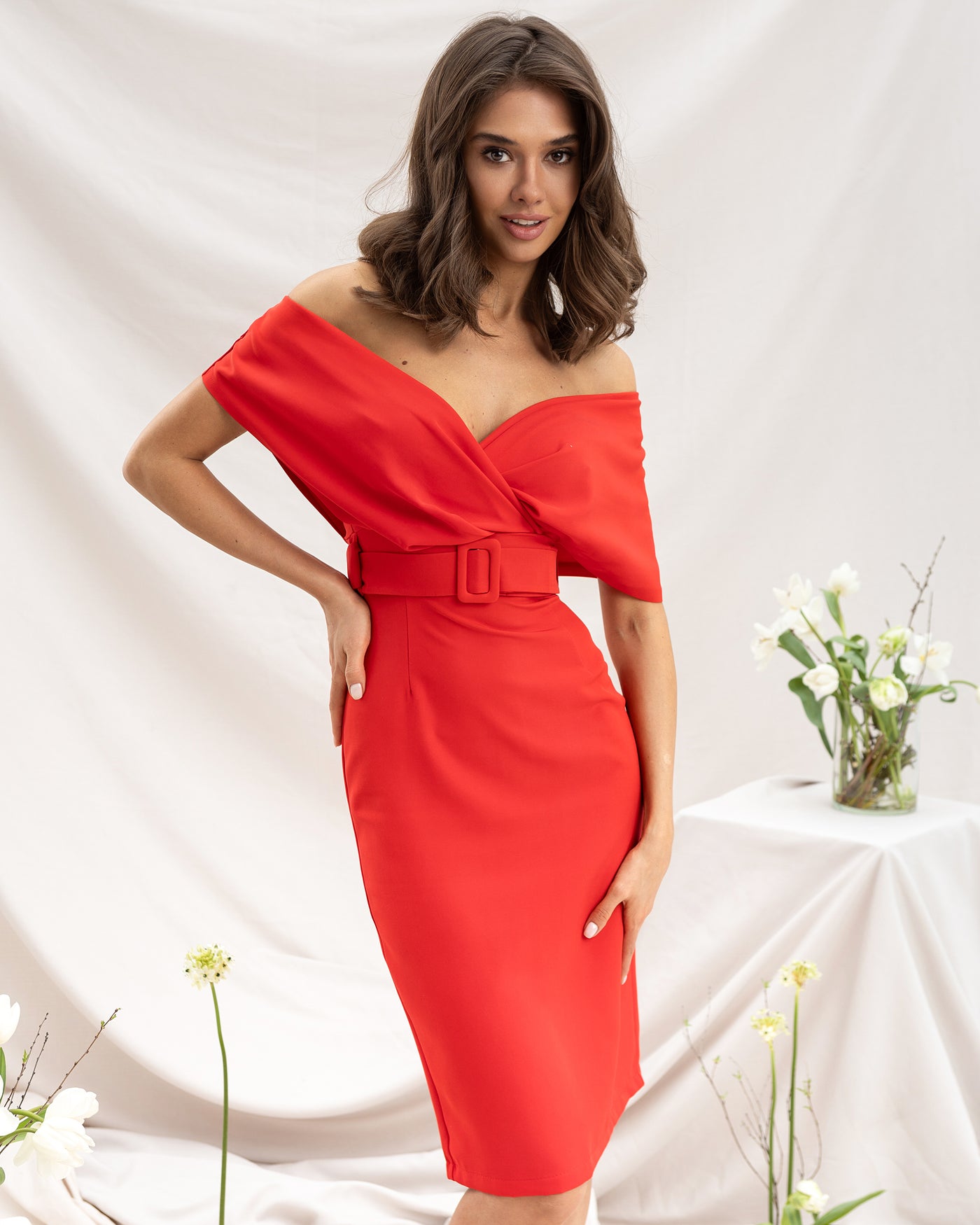 Red DOWN SLEEVES MIDI DRESS (ARTICLE C345)