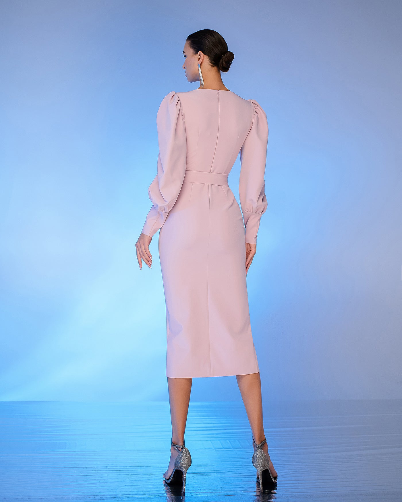 Dusty Pink PUFF-SLEEVE BELTED MIDI DRESS (ARTICLE 392)