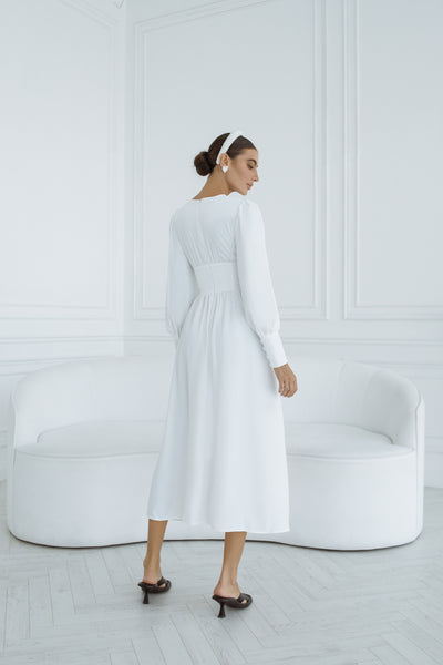 White V-neck Buttoned Puff-Sleeve Midi Dress (article C392)