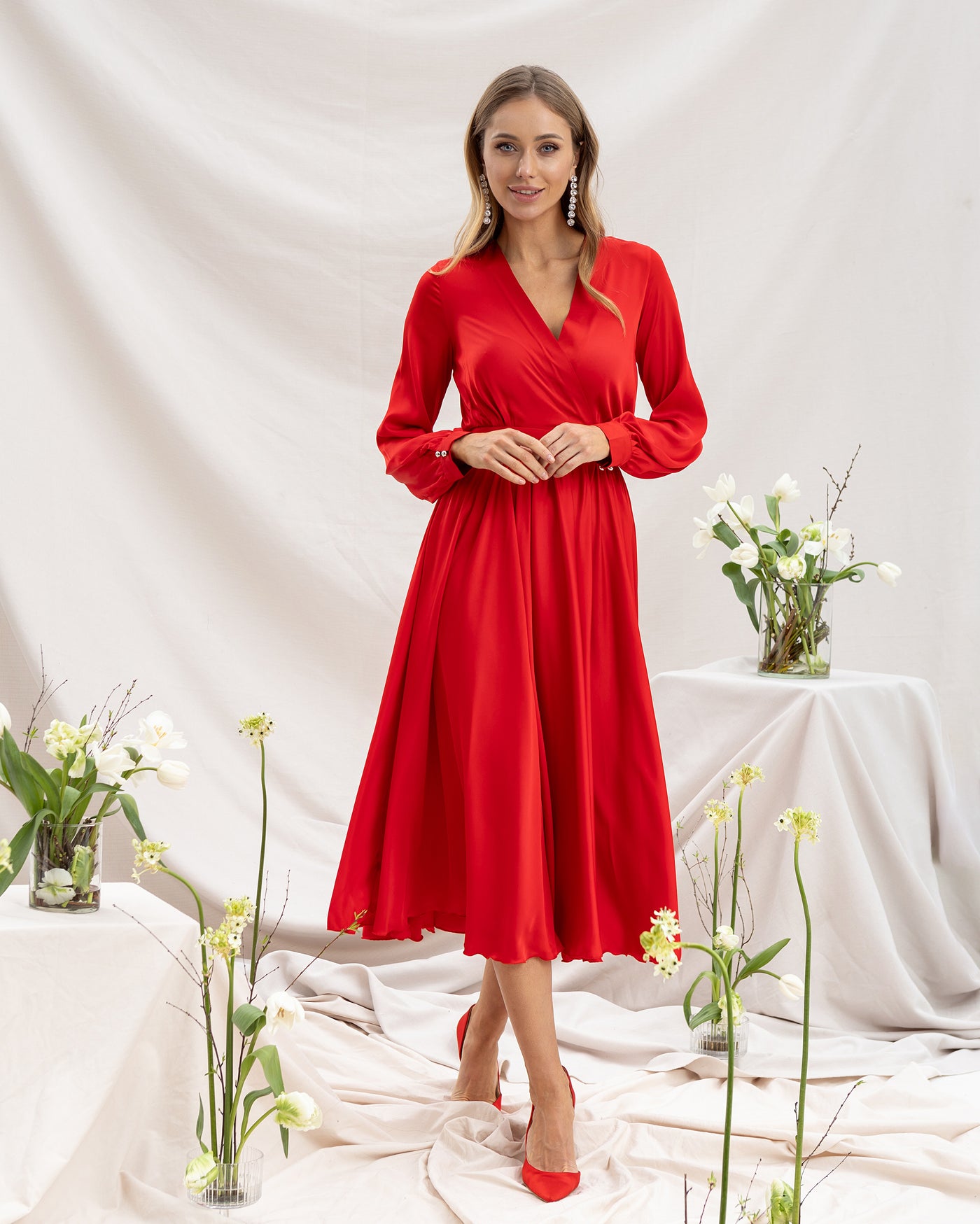 Red MIDI LONG SLEEVE DRESS (ARTICLE C393)