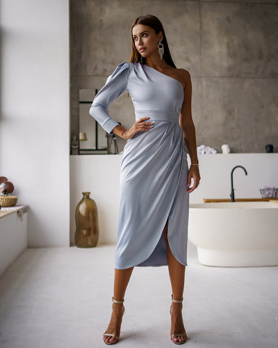 Silver ONE-SHOULDER SATIN MAXI DRESS (article 268)