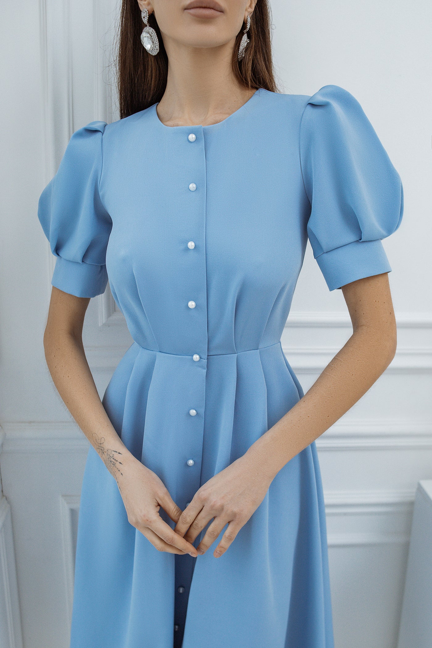 Sky-blue FITTED PUFF-SLEEVE MIDI DRESS (ARTICLE C390)