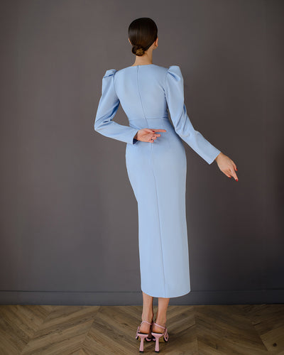 Sky-blue PUFF SLEEVE MIDI DRESS (ARTICLE 511)