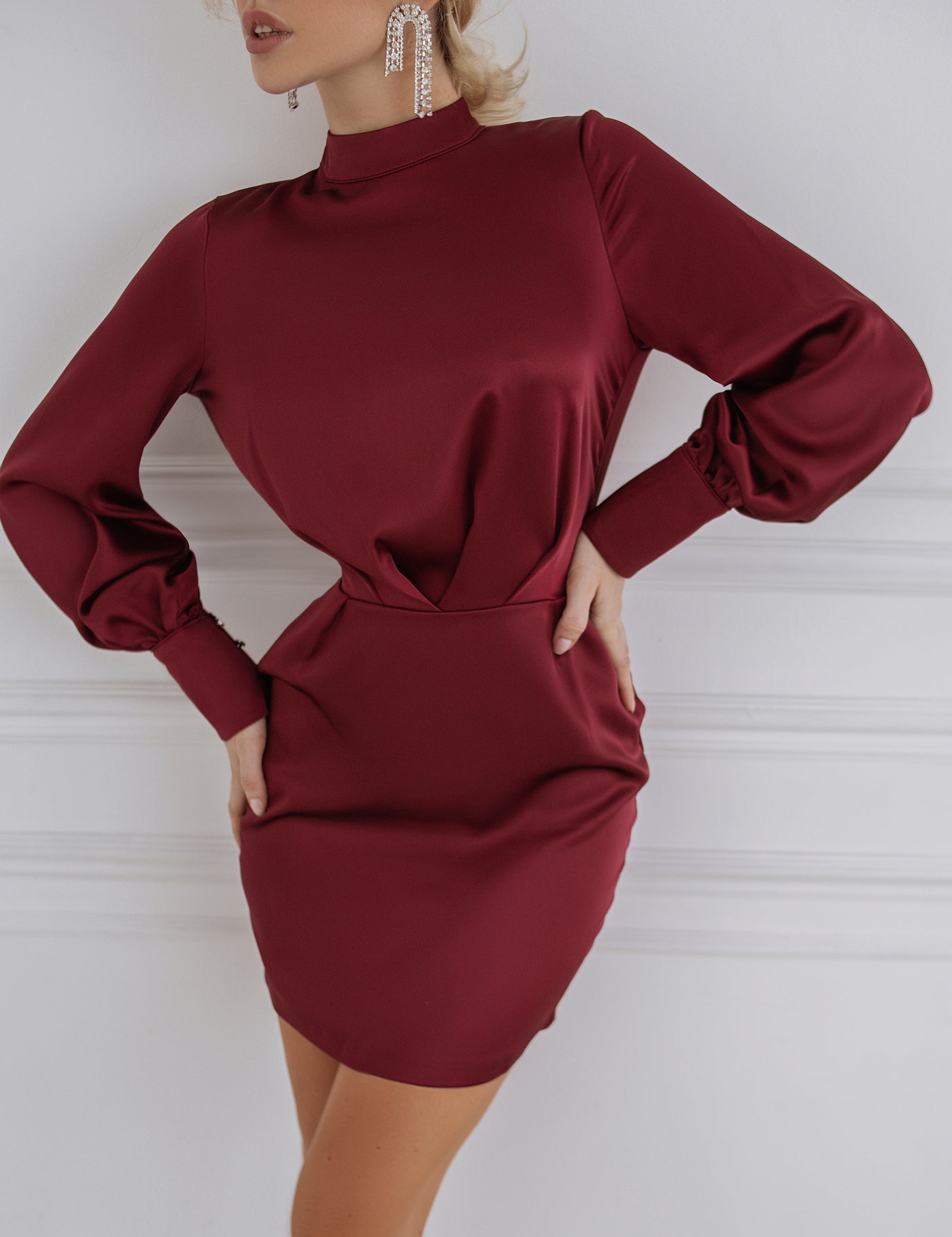 Burgundy Satin Long Sleeve Mini Dress (article C319)