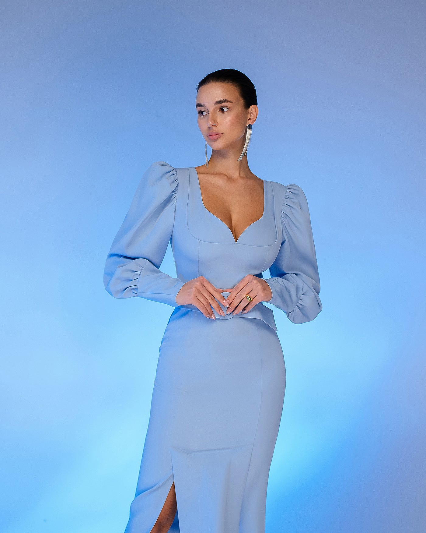 Sky-blue PUFF-SLEEVE BELTED MIDI DRESS (ARTICLE 392)