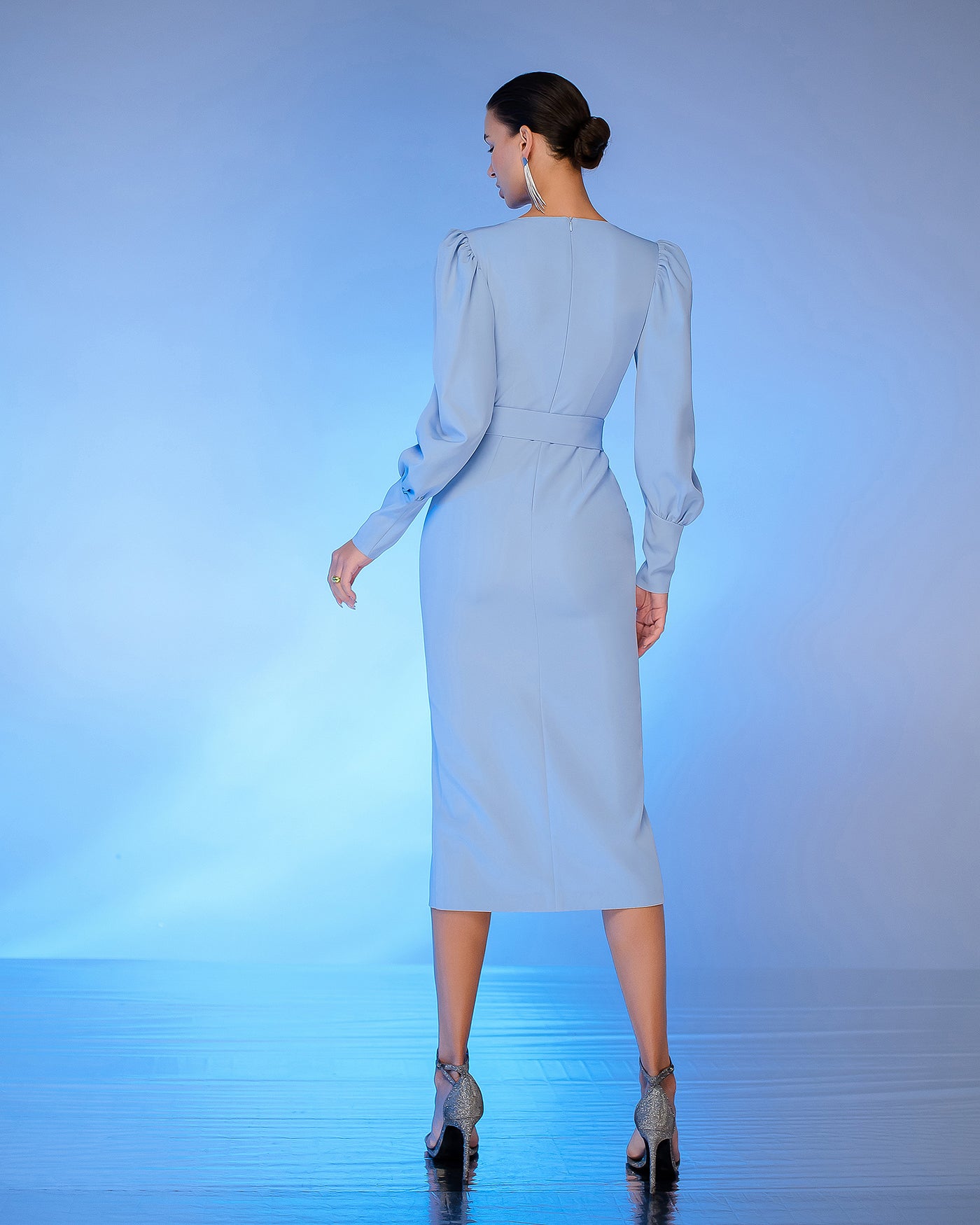 Sky-blue PUFF-SLEEVE BELTED MIDI DRESS (ARTICLE 392)