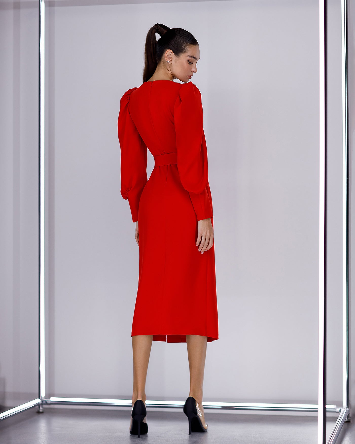 Red PUFF-SLEEVE BELTED MIDI DRESS (ARTICLE 392)