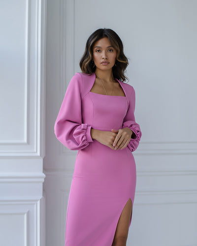 Pink SQUARE NECK PUFF-SLEEVE MIDI DRESS (ARTICLE 353)