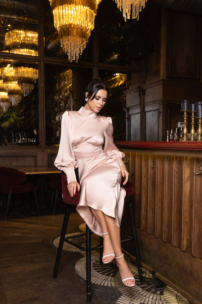 Peach SATIN TURTLENECK PUFF-SLEEVE MIDI DRESS (ARTICLE C487)