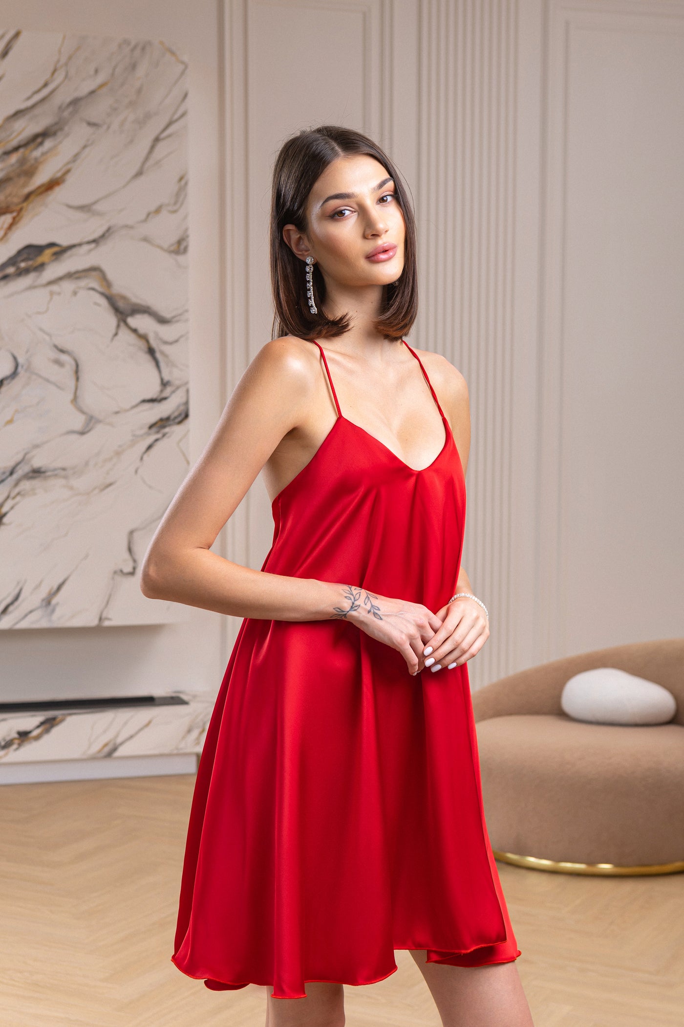 Red Satin Strap Bow Back Mini Dress (article C471)