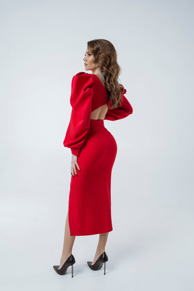 Red Backless Puff Sleeve Midi Dress (article C398)
