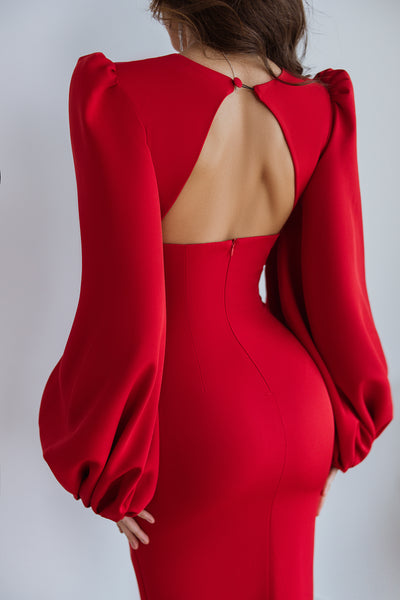 Red BACKLESS PUFF SLEEVE MIDI DRESS (ARTICLE C353)