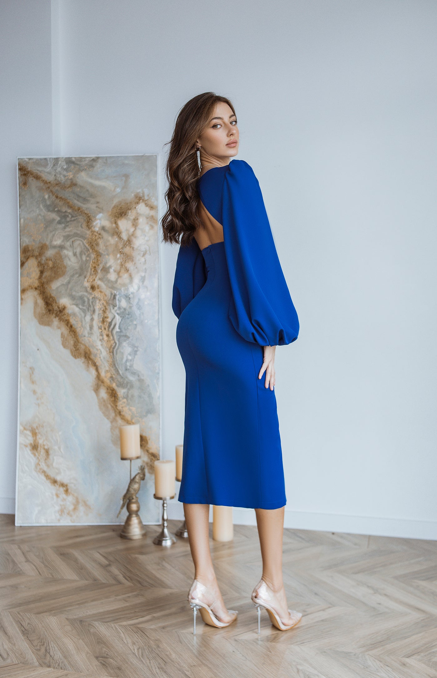 Blue Backless Puff Sleeve Midi Dress (article C353)