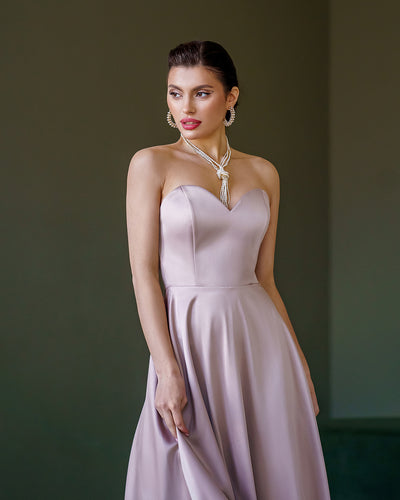 Beige Satin Corseted Strapless Dress (article 047)