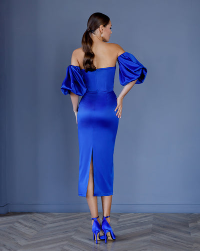Blue Satin Sweetheart Puff-Sleeve Midi Dress (article 330)