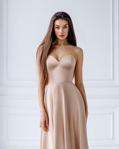 Beige Satin Corseted Strapless Dress (article 047)