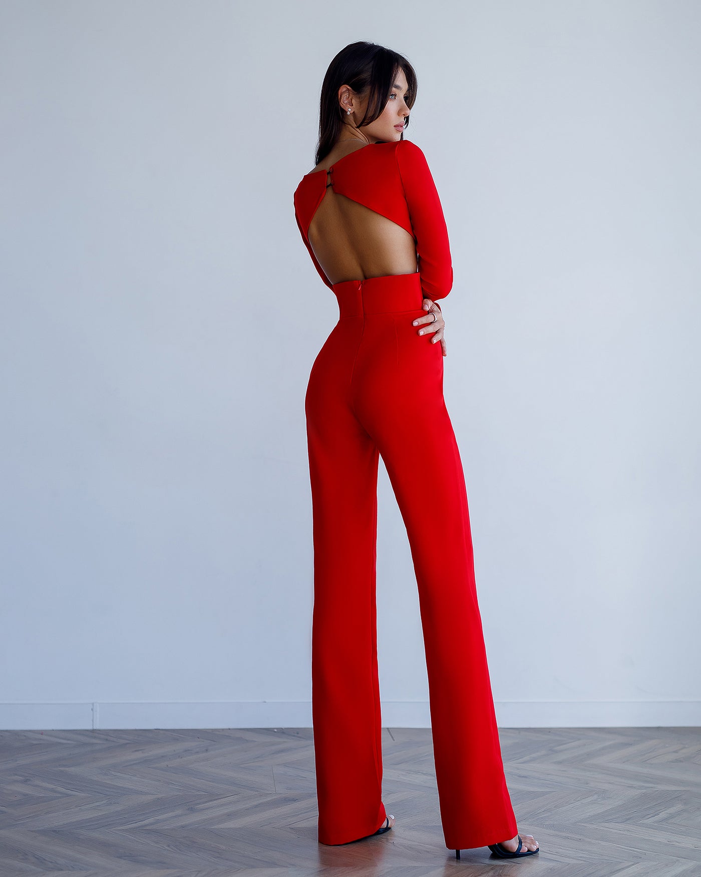 Red BACKLESS CUT-OUT LONG-SLEEVE JUMPSUIT (ARTICLE 422)