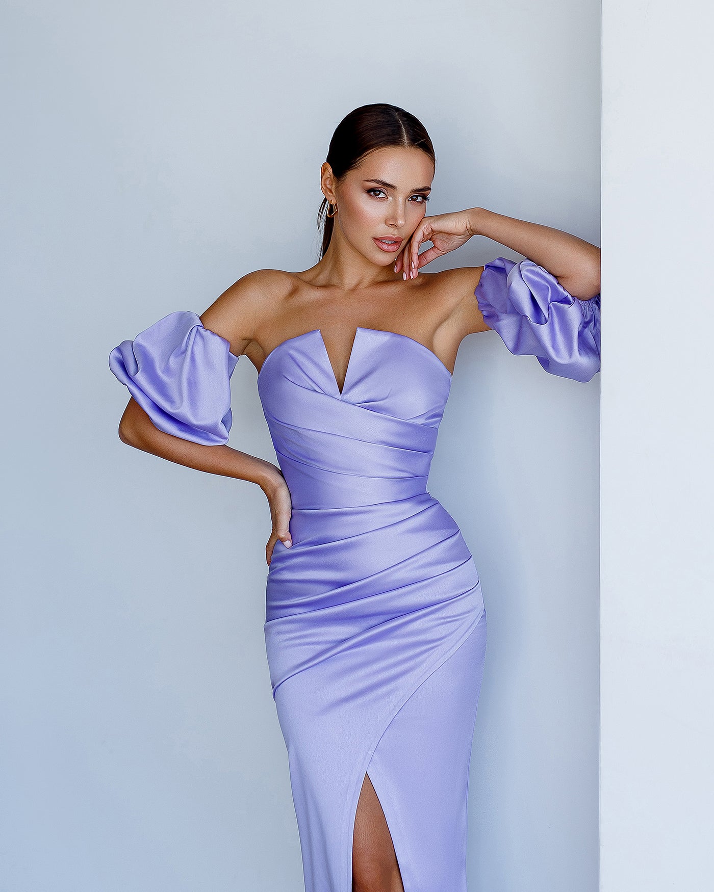 Lavender Puff-Sleeve Midi Dress (article 289)