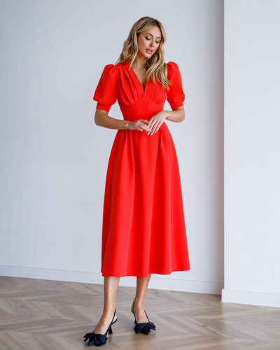 Coral V-NECK PUFF-SLEEVE MIDI DRESS (ARTICLE 352/1)