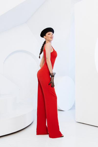 Red SLEEVELESS V-NECK JUMPSUIT (ARTICLE C289)