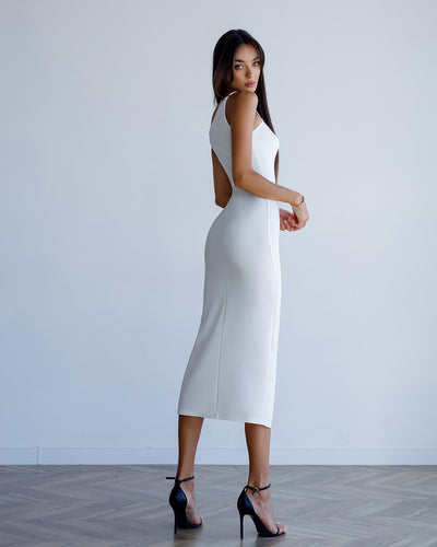 White ASYMMETRIC STRAPPY MIDI DRESS (ARTICLE 376)