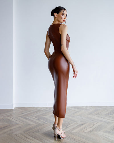 Brown ECO-LEATHER SLEEVELESS DRESS (ARTICLE 363)