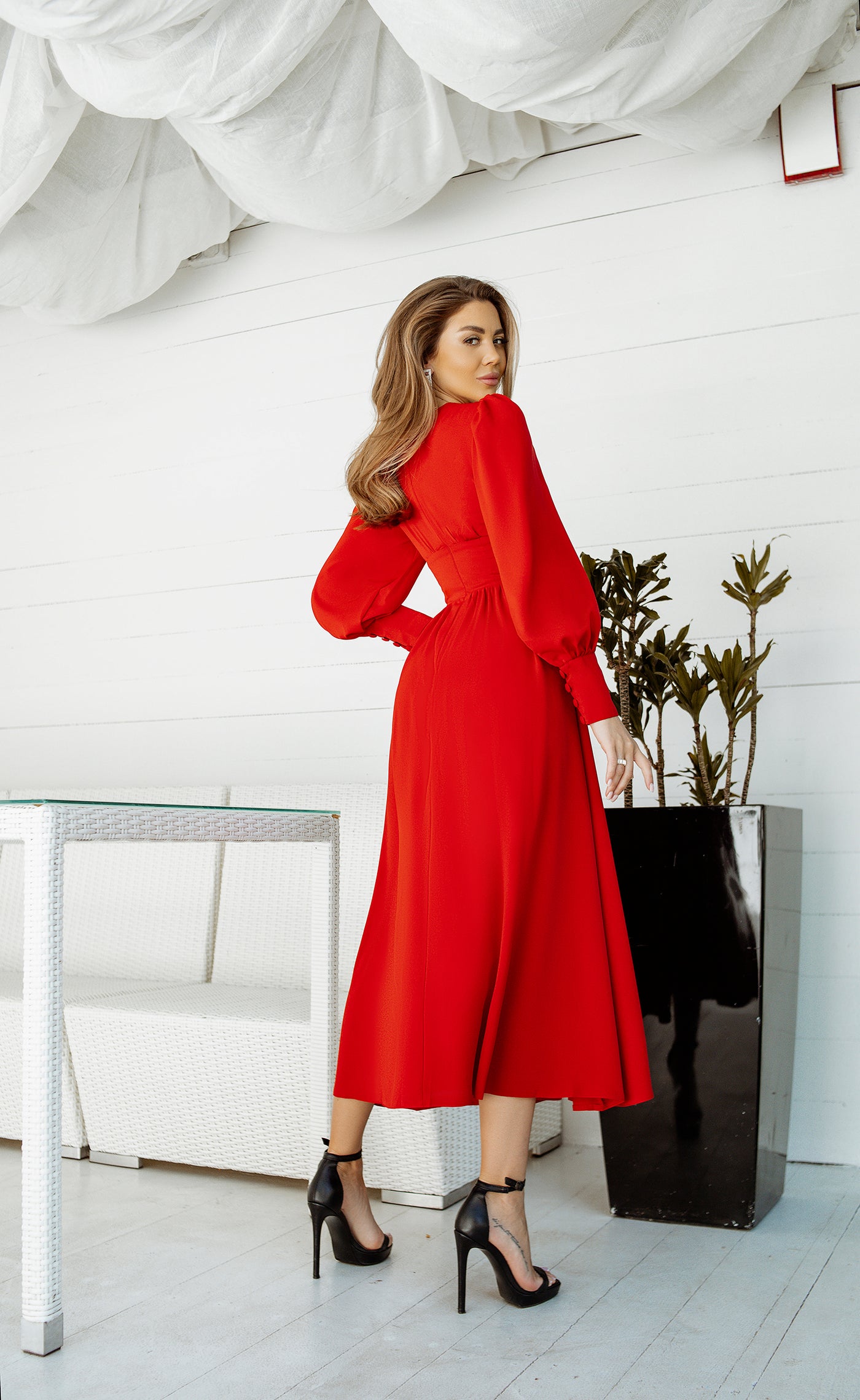 Red V-NECK BUTTONED PUFF-SLEEVE MIDI DRESS (ARTICLE C392)