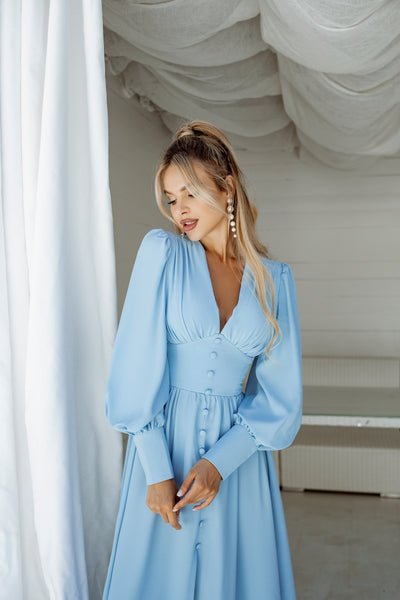 Sky-blue V-NECK BUTTONED PUFF-SLEEVE MIDI DRESS (ARTICLE C392)