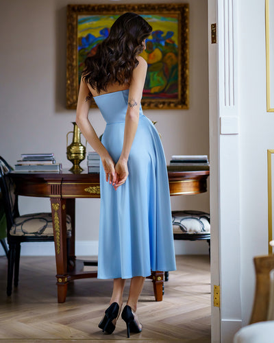 Sky-Blue Satin Corseted Strapless Dress (article 047)