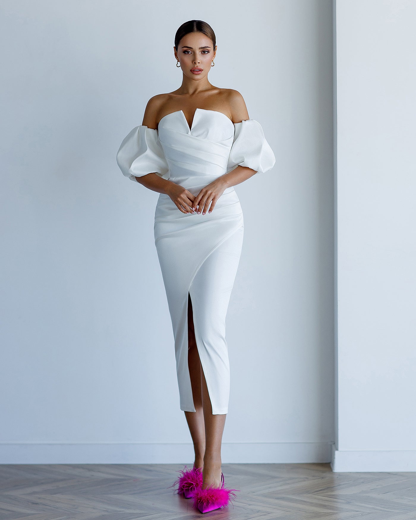 White Satin Puff-Sleeve Midi Dress (article 289)