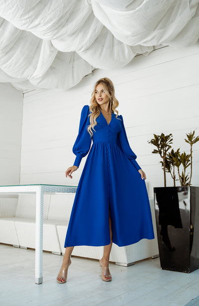 Blue V-NECK BUTTONED PUFF-SLEEVE MIDI DRESS (ARTICLE C392)